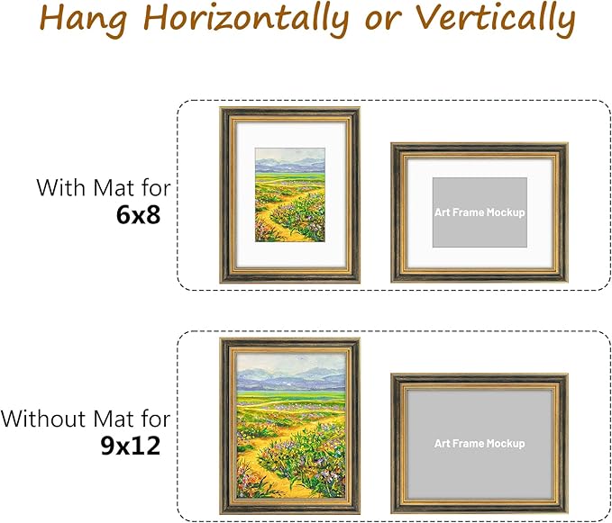 Golden State Art,9x12 Ornate Picture Frame for 6x8 Photo with Mat or 9 x 12 Prints without Mat, Real Glass Wall Display Horizontally or Vertically (Color:Black Gold)