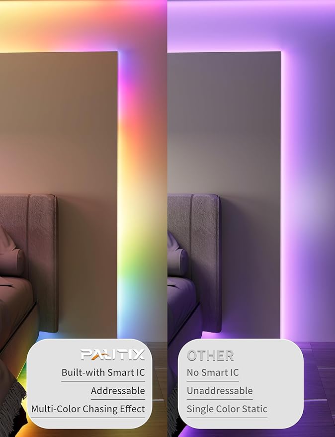 PAUTIX RGB Smart IC USB LED Light,5V RGB COB LED Strip USB Powered,UL-Listed Multicolor Flexible Tape Light 6.56ft/2m with Music Mode/APP Control,for TV,Scooter,Computer Desk Decor