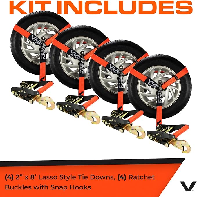VULCAN Car Tie Down with Snap Hooks - Lasso Style - 2 Inch x 96 Inch - 4 Pack - PROSeries - 3,300 Pound Safe Working Load