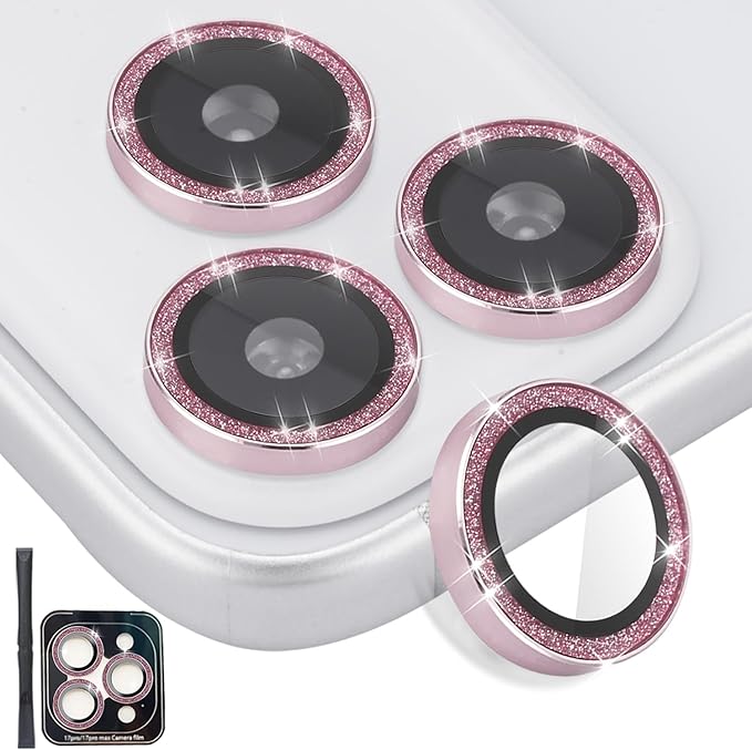 Camera Lens Protector for iPhone 17 Pro/17 Pro Max, Aluminum Alloy Tempered Glass Lens Protector with Installation Frame Fits for iPhone 17 Pro/17 Pro Max (Glitter Pink)