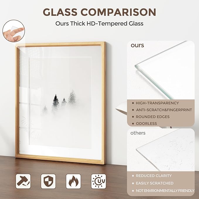 11x14 Picture Frame, USA-Sourced Natural Beech Wood Photo Frame with Tempered Glass, Handcrafted Rounded Corner 11 x 14 Wooden Frame Matted to 8x10 Photos, Hanging Hooks Included