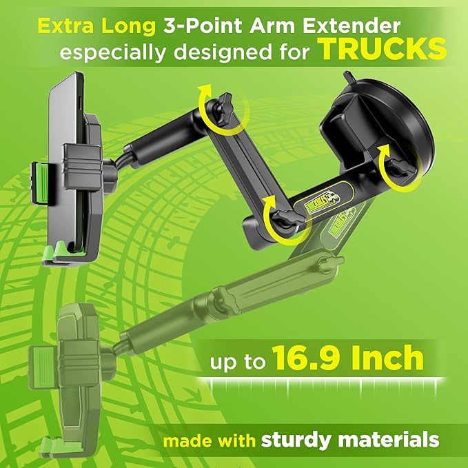 Cell Phone Mount for Truck Phone Holder for Truck Drivers - Heavy Duty Suction Cup + Dashboard Pad, iPhone Holder for Dashboard Window 16.9 inch Long, for iPhone & Samsung, Big Rig Trucker, Green
