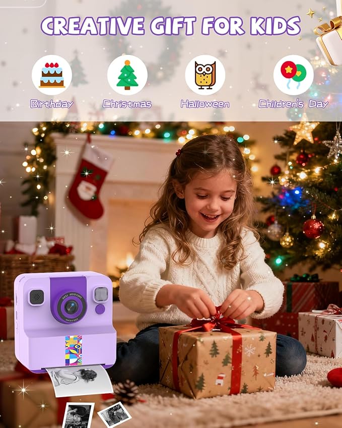 Kids Camera Instant Print, Digital Camera for Kids, 180° Rotating Selfie Lens with 32GB SD Card & 2 Rolls Printing Paper Kids Toy Birthday Gifts for Boys Girls Ages 3-12, Purple