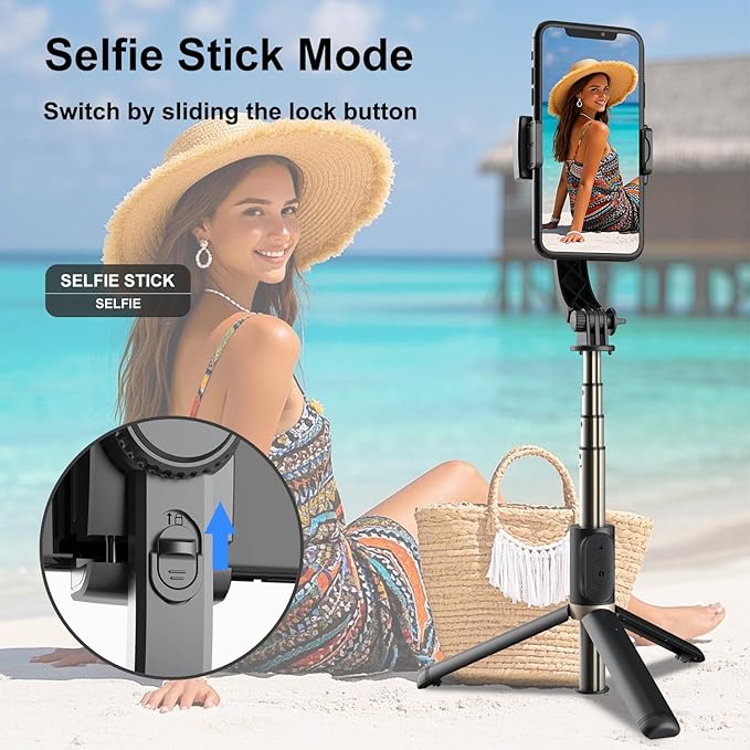 Selfie Stick Tripod with Gimbal Stabilizer for Phone, 360° Auto-Balance 1-Axis Rotation, Remote Control, Portable for Vlogging, TikTok, Group Selfies, Live Streaming