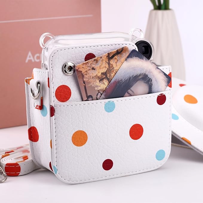 Frankmate Protective Case Fit for Fujifilm Instax Mini 12 11 9 8 Camera, PU Leather Camera Bag with Pocket and Adjustable Shoulder Strap (Polka Dot)