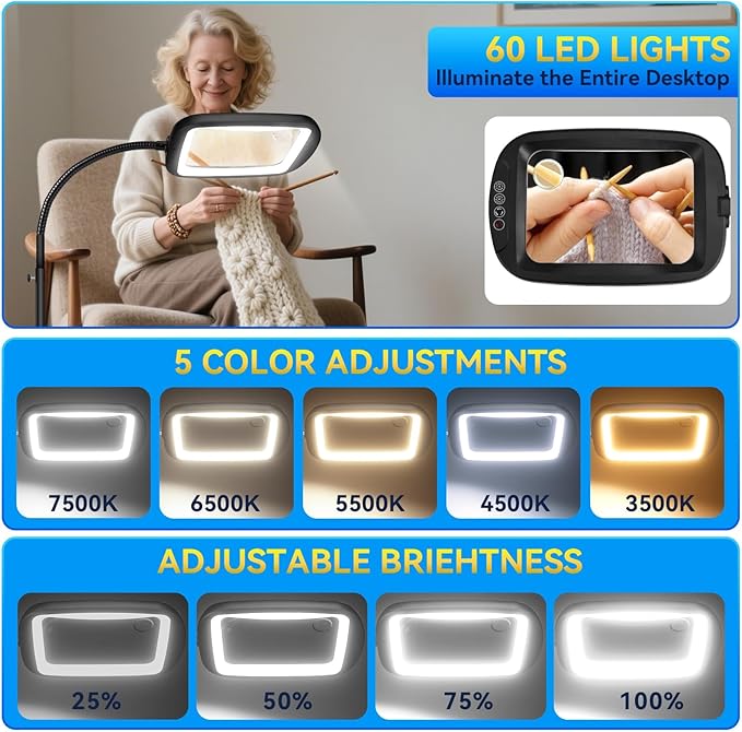 30X 10X Extra Large Floor Magnifying Glass with Light and Stand,60 LED Flexible Gooseneck Floor Magnifying Lamp with 5 Color Modes, 2-in-1 Lighted Magnifiers for Close Work, Sewing,Crafts, Painting