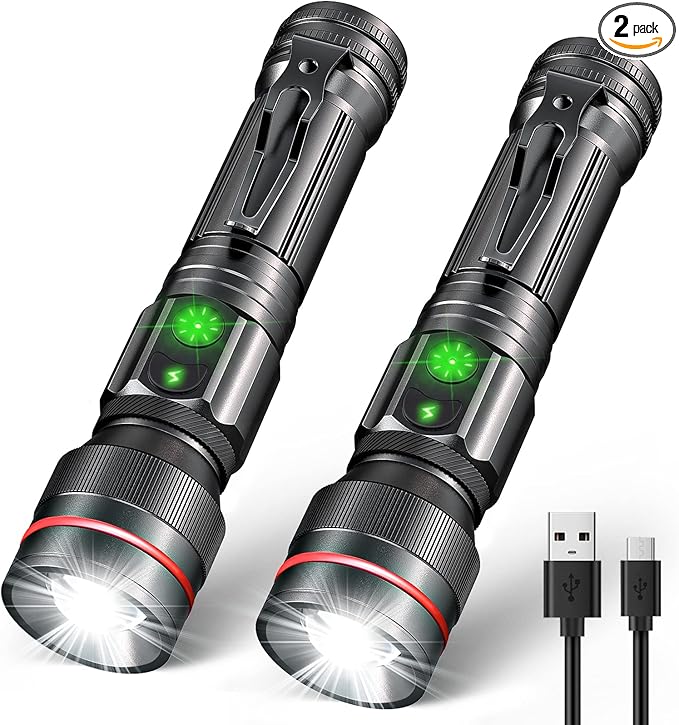 WdtPro 2 Pack Flashlights Rechargeable, Bright Mini LED Pocket Flash Lights with Clip, Zoomable, Dual Switch, 5 Modes, Waterproof Flashlight for Camping Outdoor Home Emergency (Battery Included)