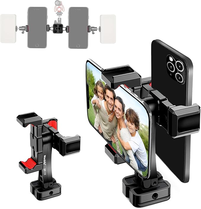 Manbily Phone Tripod Mount, Metal Smartphone Mount Adapter with Dual Phone Holder, 360° Swivel 180° Flip Adjustable Clip Clamp with Cold Shoe, for Selfie Stick Vlog Live Streaming
