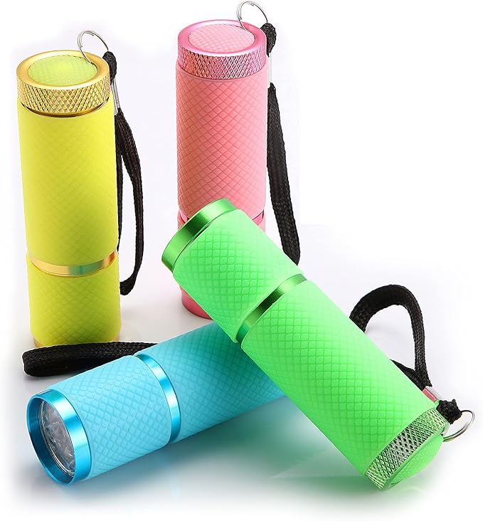 Mudder 4 Pieces Glow in Dark Flashlights Set, 9 LED Mini Flashlights Rubber Coated with Handle, LED Fluorescent Aluminum Portable Flashlight for Parties, Hiking, Camping, 4 Colors