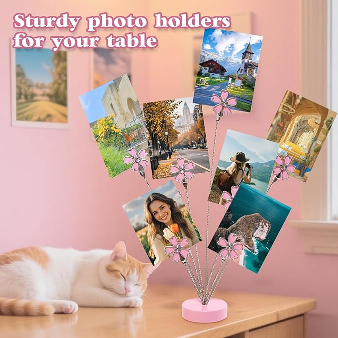 8 Branch Photo Tree Clip, Flexible Photo Frame Stand with Clips for Note Paper Wedding Photo Display Office Decoration (Pink)