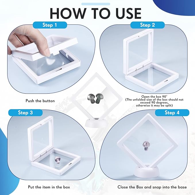 60 Pcs 3D Floating Display Case PE Film Jewelry Storage Box Coins Display Frame Holder Stands for Antique Challenge Coins, Medallion Shells Gems Rocks Pins (White,3.5 Inch)