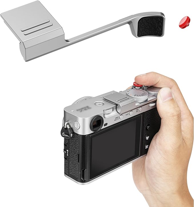 JJC Metal Thumb Grip & Shutter Release Button for Fuji Fujifilm X-E5 XE5 Mirrorless Camera, Full-Coverage Hot Shoe Cover Protector Thumb Support, Silicone Pad for Stable & Safe Hand Hold, Silver Color