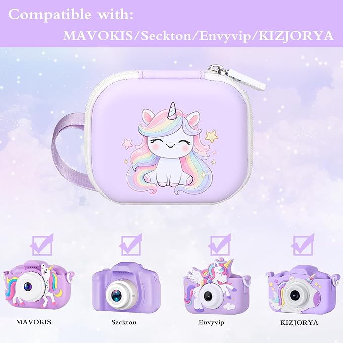 worfty Kids Camera Case Compatible with MAVOKIS/Envyvip/Seckton/KIZJORYA/Goopow Digital Video Camera Toys Camcorder Storage Holder Carrying - Purple Unicorn(Case Only)