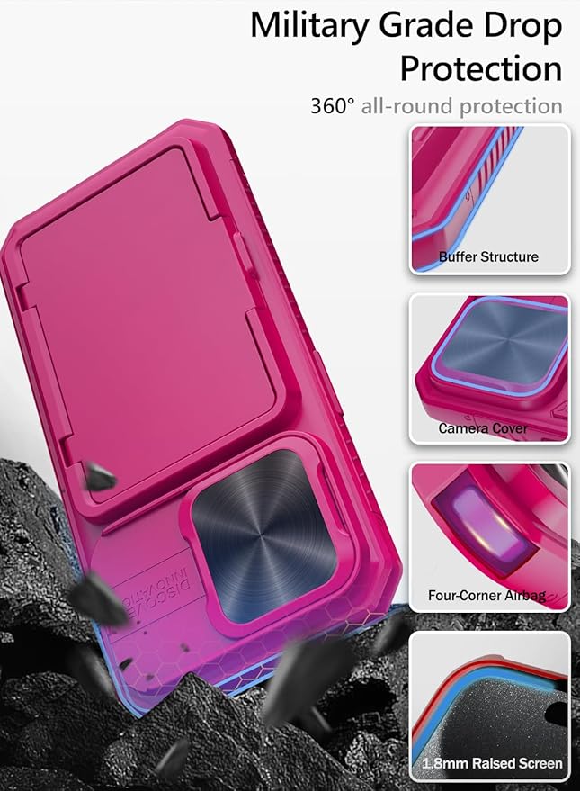 Vihibii for iPhone 15 Pro Case with Card Holder (4 Cards) & Slide Camera Cover & Kickstand, Shockproof Rugged Hard Back & TPU Soft Edge Wallet Phone Case for iPhone 15 Pro 5G 6.1" 2023 (Pink)