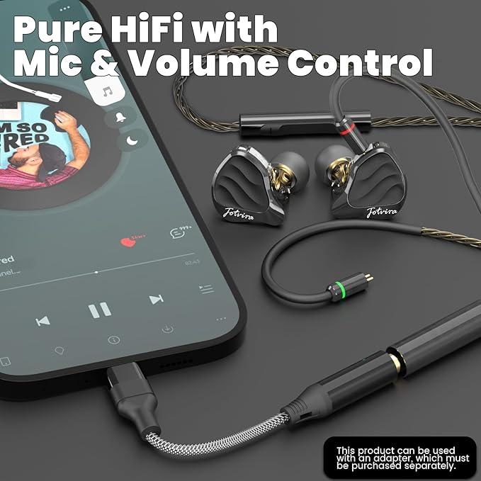 Hybrid in Ear Monitors Headphones with Mic, IEM Earphones 10mm Dual Dynamic Drivers, HiFi Wired Earbuds, Zinc Alloy Faceplate in Ear Monitor with Silver-Plated Detachable Cable for Musician