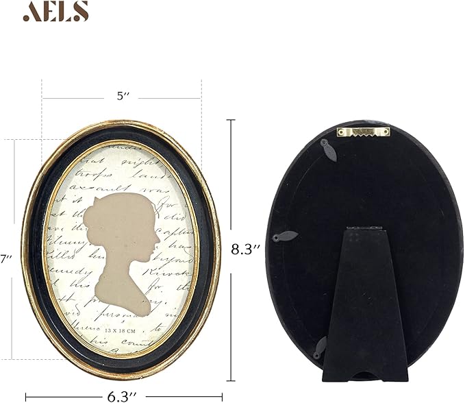 AELS 5x7 Inch Vintage Picture Frame, Elegant Antique Photo Frames with Glass Front, Photo Display, Tabletop Wall Hanging, Gift Ideas, Black Oval with Gold Trim