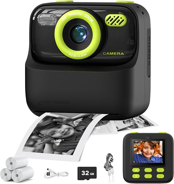 masterbee Kids Instant Print Camera, Birthday Gifts for Boys and Girls, Kids Digital Camera Toys, 1080P HD Video, 3 4 5 6 7 8 9 10 11 12 Year Old Boy Gifts/Girl Gifts (Black)