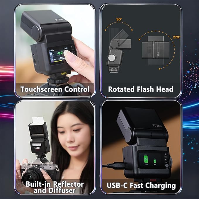 Godox IT32 TTL Camera Flash with X5O Flash Trigger for Olympus, Magnetic Hotshoe & Trigger 2-in-1,Colorful Touch Screen,Rotatable Flash Head,X SystemTTL&HSS,LED Modeling Lamp,Creative Accessories