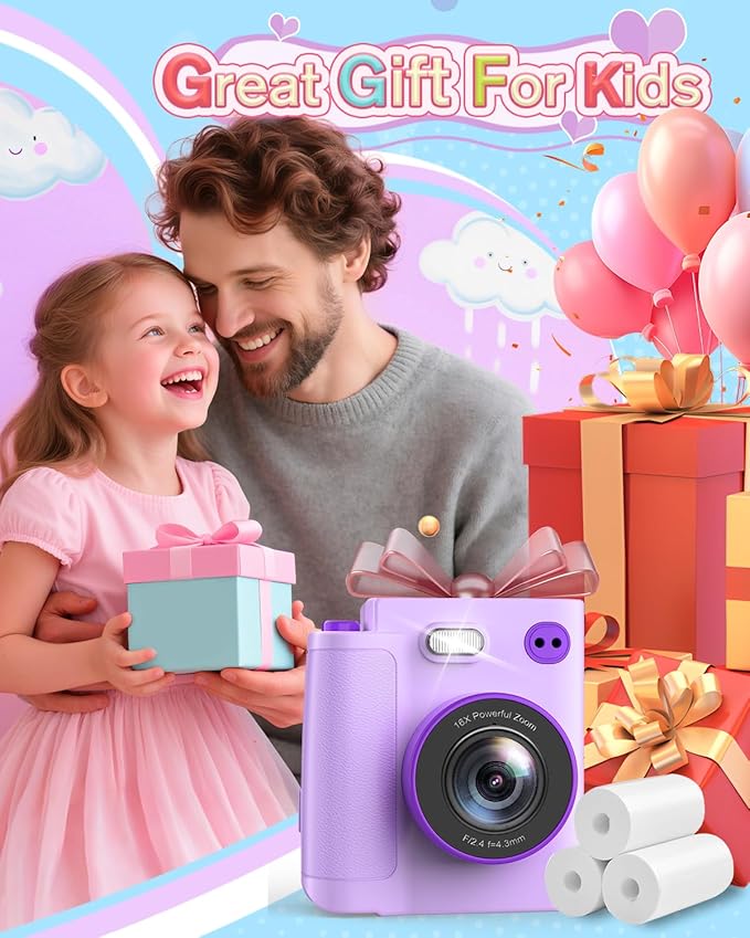 Kids Instant Print Camera - 1080P HD Toddler Digital Camera for 3 4 5 6 7 8 9 10 Year Old Girls Boys, Christmas Birthday Gift with 32GB SD Card, Selfie Mode, Portable Travel Toy, Fun Filters- Purple