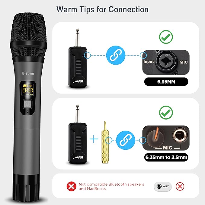 Bietrun Wireless Microphone Only for Mic Input, UHF Metal Dynamic Handheld Multipurpose Mic with Rechargeable Receiver (Work 4hs), 160ft Range, for Karaoke Machine, Amplifier Speaker, Mixer, Church