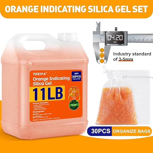 11 LBS Orange Indicating Silica Gel Desiccant Beads,(Industry Standard 3-5 mm) Rechargeable Silica Gel Beads for 3D Filament, Electronic Devices, Camera, Jewelry, Safe(30PCS Organza Bag)