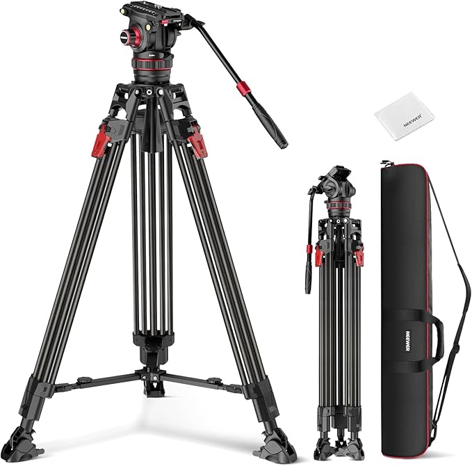 NEEWER 78" Video Camera Tripod Carbon Fiber with Damping Adjustable Fluid Head, One Step Quick Release, QR Plate/Handle/Cleaning Cloth, Heavy Duty Tripod Stand for DSLR Camcorders, Max Load 22lb, LL37