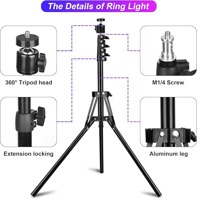 STALLY 10.2" Ring Light with Stand, 75" Tall Ring Light with Phone Holder and Wireless Remote, 12 Dimming Levels, 32 Color Modes Selfie Light Tripod for iPhone, Live Stream, Makeup, YouTube, TikTok
