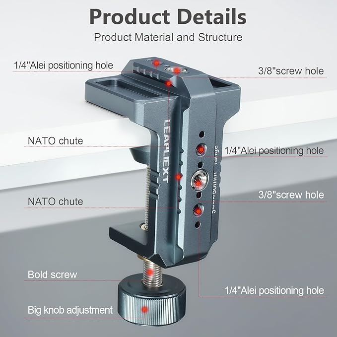 Heavy-Duty Super Clamp for Magic Arm，Aluminum alloy material，1/4"& 3/8"Threads and NATO Rail，Load Capacity: Up to 50 kg / 110 lbs， Desktop or Round Tube Mounting for Tripods and Magic Arms