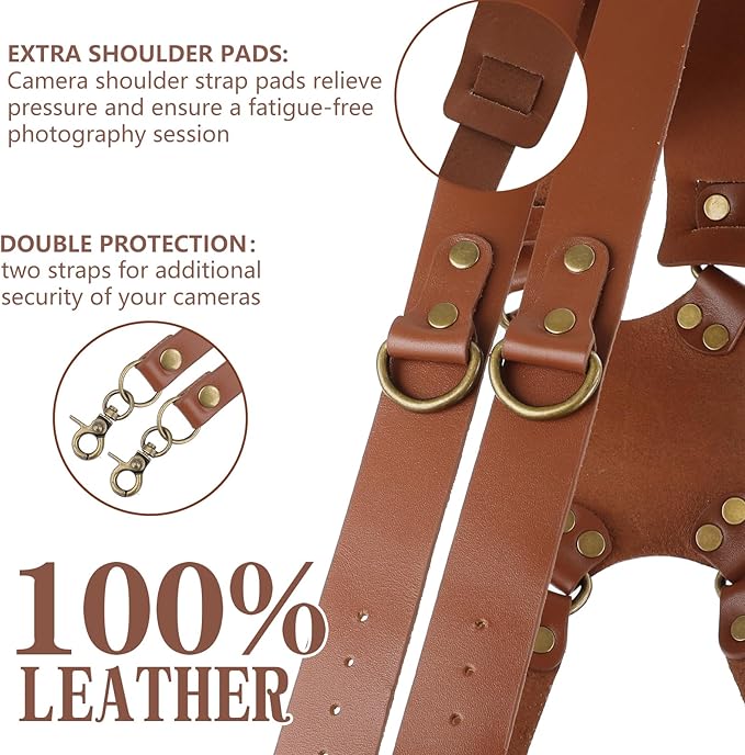 Bebaimis Dual Camera Harness Strap for Two-Cameras,Dual Shoulder Leather Camera Strap,Double Camera Harness for DSLR/SLR