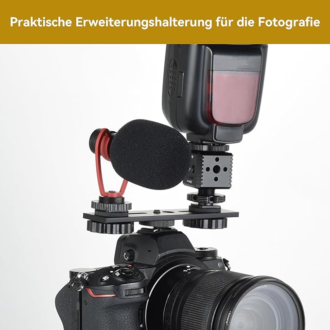 UTEBIT 5 inch Flash Bracket, Long Dual Camera Mount Flash Bracket Extension Bar with 1/4“ Hot Shoe, Straight Flash Brackets 1/4-3/8 Thread Hole Tripod Mount for Camera/LED Light/Microphone