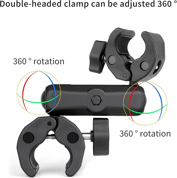 SOONSUN Double Super Clamp Camera Mount, Umbrella Clamp for Chair, Desk, Stroller, Wagons, Tripod, Pole, Light Stand, Cross Bar, Golf Cart, Motorcycle, Boom Stand, with 360° Magic Arm for Photography