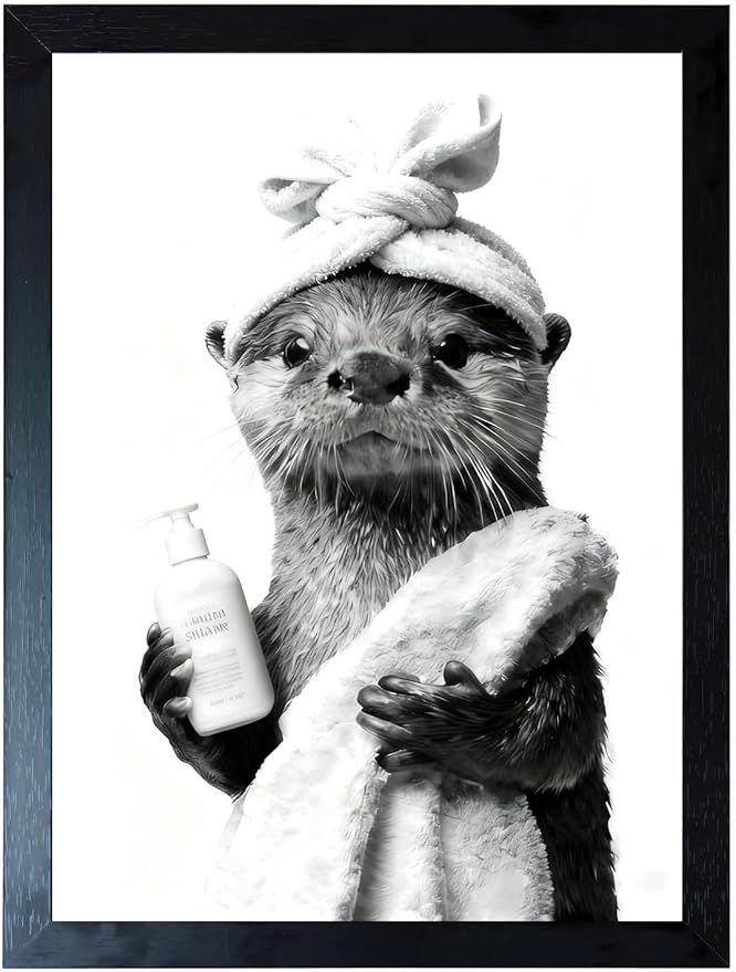 Zhfmoir Funny Otter Bathroom Wall Art, Black and White Otter Canvas Print, Cute Animal Bathroom Decor for Restroom Toilet Washroom, Ready to Hang Wall Artwork 12x16 Inch