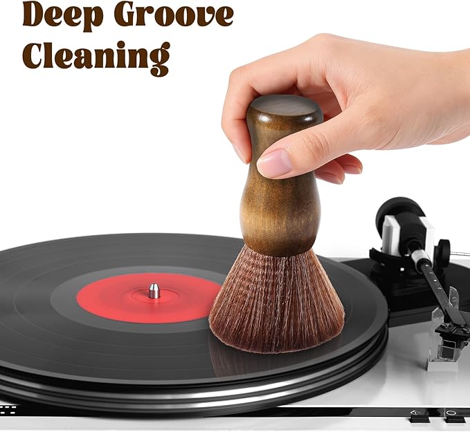SIMPOR Vinyl Record Cleaning Kit with Stylus Brush, Anti Static Soft Velvet Record Brush Cleaner for LP Albums Turntable Player, Retro Wood Handle Dust Remover for Audiophile