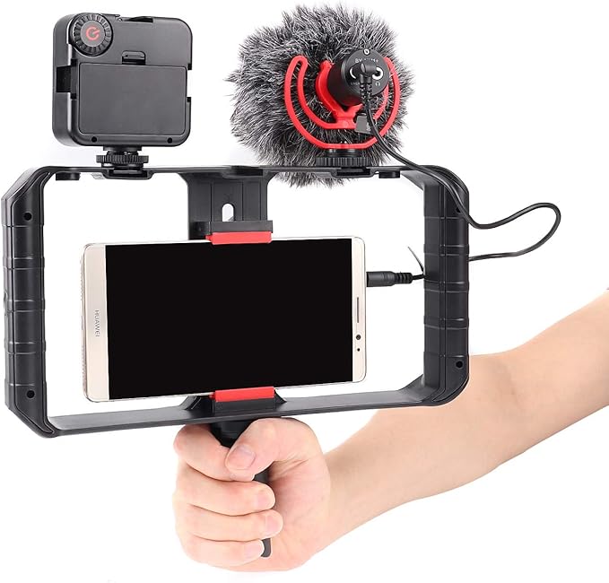 FocusFoto PRO U-Rig Smartphone Video Camera Cage Mount Holder Stabilizer Grip with Upgraded by-MM1+ Microphone Mic+ 49 LED Light+ Mini Tripod Kit for Mobile Phone iPhone Filmmaking Videomaker