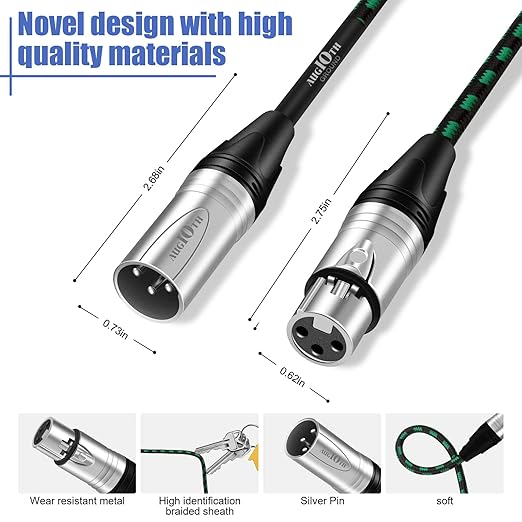 XLR Pro Mic Cable Male to Female 3-Pin Green Balanced Shielded Microphone Cable for Amplifier, Mixer, Speaker Systems, Recording Studio, 25Ft