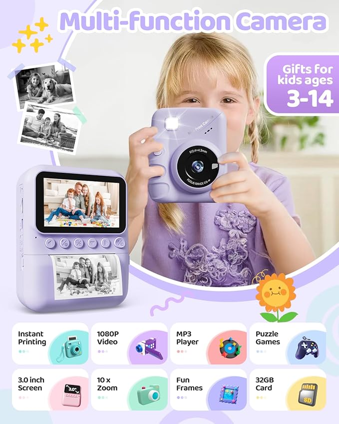 TIATUA Kids Camera Instant Print for Girls Ages 3-14, 3-inch HD Screen Camera for Kids with Printing Paper, 1080P Digital Toddler Toys for 4 5 6 7 8 9 10 11 12 Years Old (Purple)