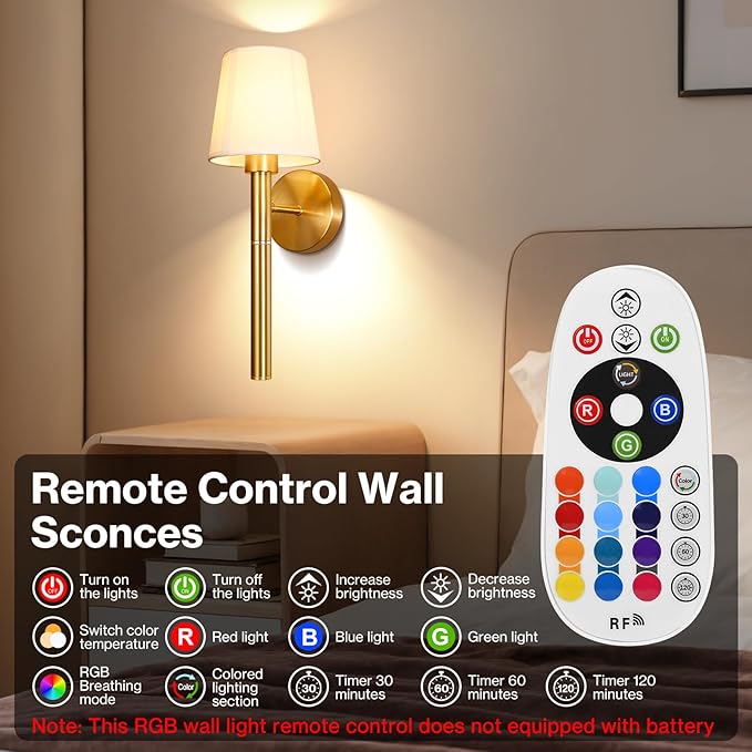 Battery Operated Wall Sconce Set of 2, 5200mAh RGB Wireless Wall Lights with Detachable Charging Stick & Dimmable Bulbs, 12 Colors Rechargeable Wall Lamps for Bedroom Living Room Hallway Decor, Gold