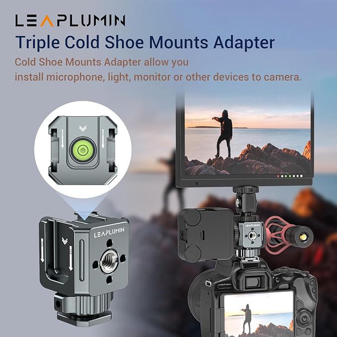 Triple Cold Shoe Mounts Adapter, 3/8'' Screw Hole to 1/4'' Screw Hole, Aluminum Alloy Hot Shoe Extension Bracke for DSLR Camera Flash Light, Monitor, Microphone-Gray