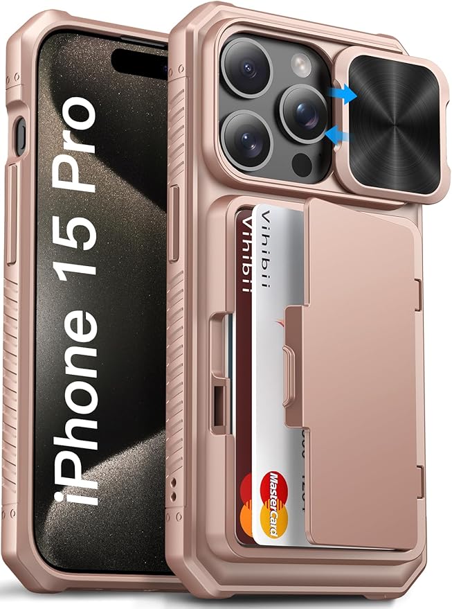 Vihibii for iPhone 15 Pro Case Wallet with Slide Camera Cover, Built-in Card Holder (4 Cards) & Kickstand, Heavy Duty Shockproof Rugged Phone Protective Case for iPhone 15 Pro 5G 6.1" 2023, Rose Gold