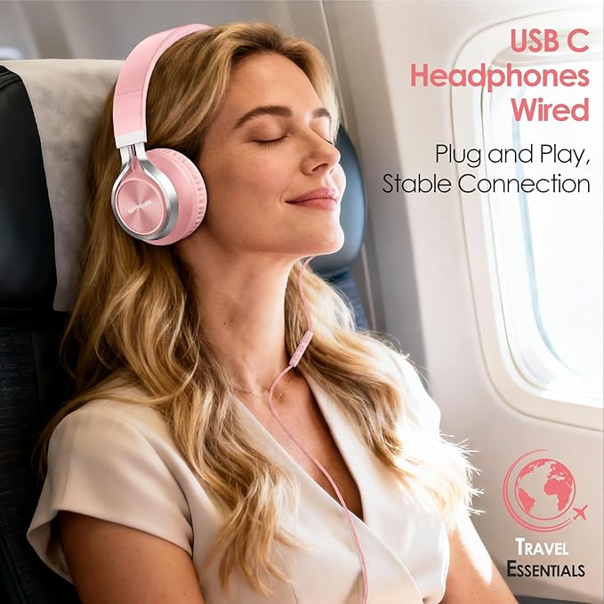 USB C Headphones Wired with Mic & Volume Control, Tangle-Free, Type C Over-Ear Headphones, Lightweight/Foldable Kids Headphones Wired Headphones USB C for iPad/Sports/School/Travel/iPhone 17/16/15