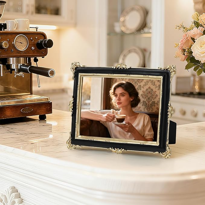 PHAREGE 5x7 Black Picture Frame with Gold Trim, Vintage Decorative Display Photo Frame 5 by 7, Ornate Antique Frame for Tabletop or Wall