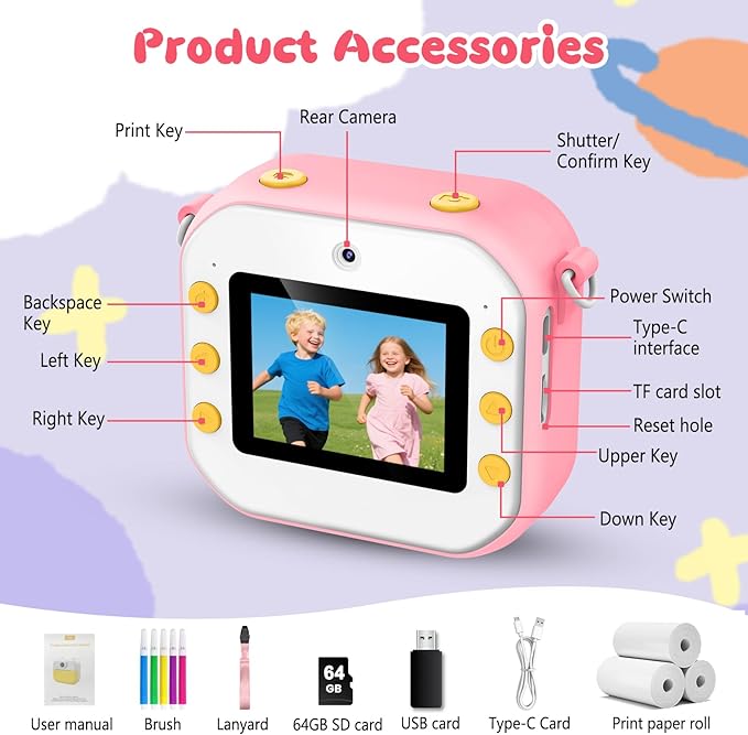 64GB Kids Camera Instant Print, 48MP Birthday Gifts Instant Print Camera for Kids with Print Paper, 1080P Dual-Lens Selfie Instant Cameras Video for Girls Age 3 4 5 6 7 8 9 10 11 Toddler Toy