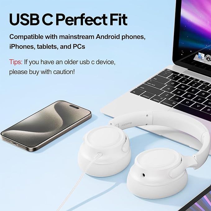 Wired Over-Ear Headphones with USB C Connector, Hi-Fi Stereo Sound, Noise-Isolating Ear Cups, Comfortable Fit for USB C Devices (with Bag, White)