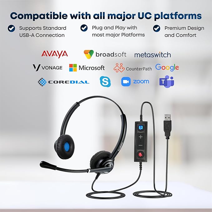 VoicePro 20 Professional Home Office and Call Center USB Headset with Noise Canceling Microphone, HD Speakers and in Line Call Controls with Mute, Compatible with All UC Voice Platforms.