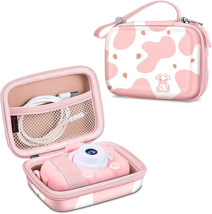 FINTIE Kids Camera Case Compatible with Goopow/Seckton/Dylanto/Mgaolo/Masterbee/CIMELR/Desuccus Kids Digital Camera Toys, Children Carrying Bag, Birthday Festival Gift, Strawberry Cow