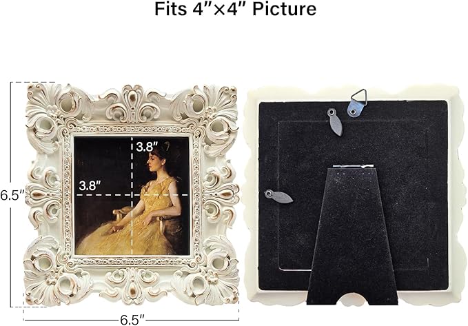 CISOO 4x4 Vintage Small Picture Frame, Antique Ornate White and Gold Square Photo Frame, for Table Top and Wall Display, Decorative Floral Design Retro Home Decor, Photo Gallery Art