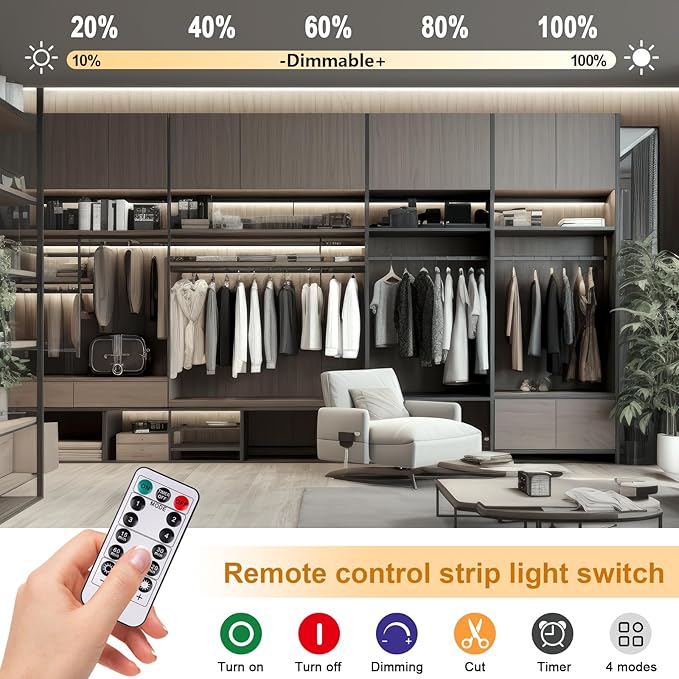 OMIKA COB LED Light Strip, 6.56FT 640LED 4000K Natural White Battery Powered Strip Lights with Remote Control Timer Dimmable Flexible Cuttable Tape Light for Cabinet Shelves Desk Bedroom (2 Pack)