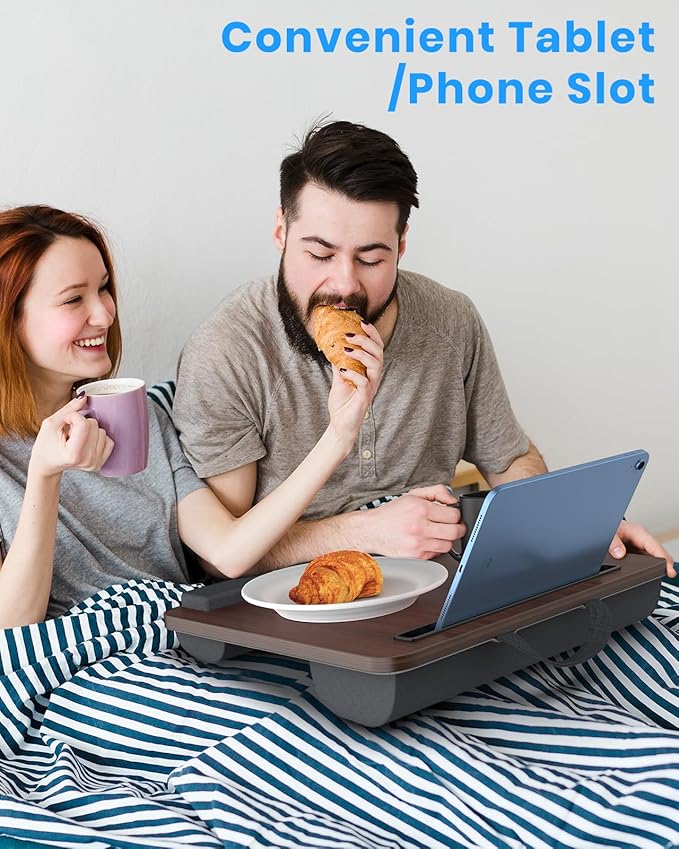 Portable Lap Desk, Laptop Stand for Bed with Soft Wrist Rest, Tablet/Phone Slot, Fabric Handle, Laptop Bed Table with Cushion (Dark Brown)