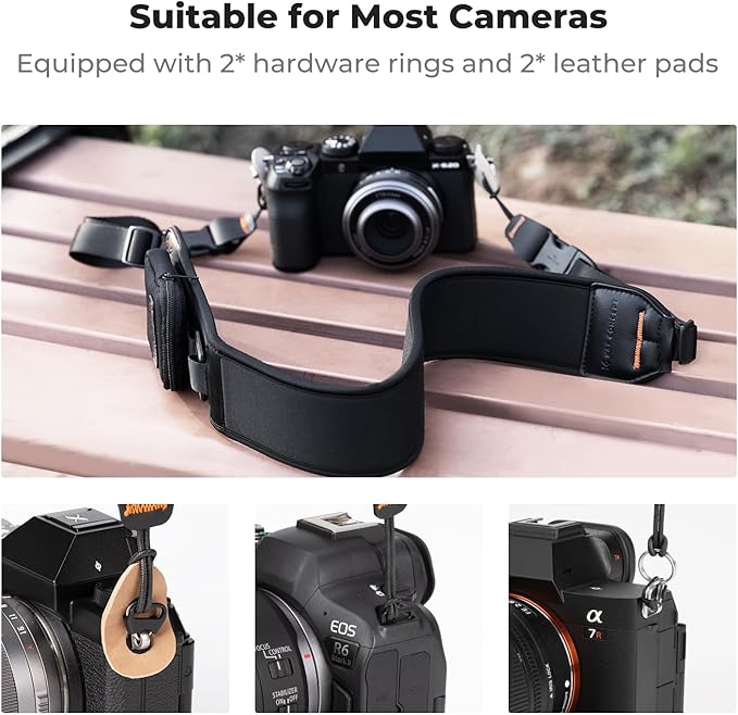 K&F Concept Camera Neck Strap for Photographers, Soft Neoprene Adjustable Shoulder Belt with Zipped Pockets