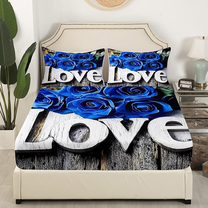 Erosebridal Valentine's Day Bedding Blue Rose Fitted Sheet Rose Love Romantic Moment Print Sheet Sets with 2 Pillowcases Romantic Bed Sheet Blossom Rose Flowers Flat Sheet Elegant 4 Pcs Full Size